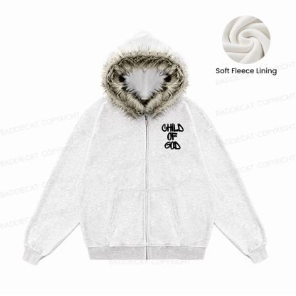 Baddiecat Child Of God Faux Fur Collar Fleece Jacket