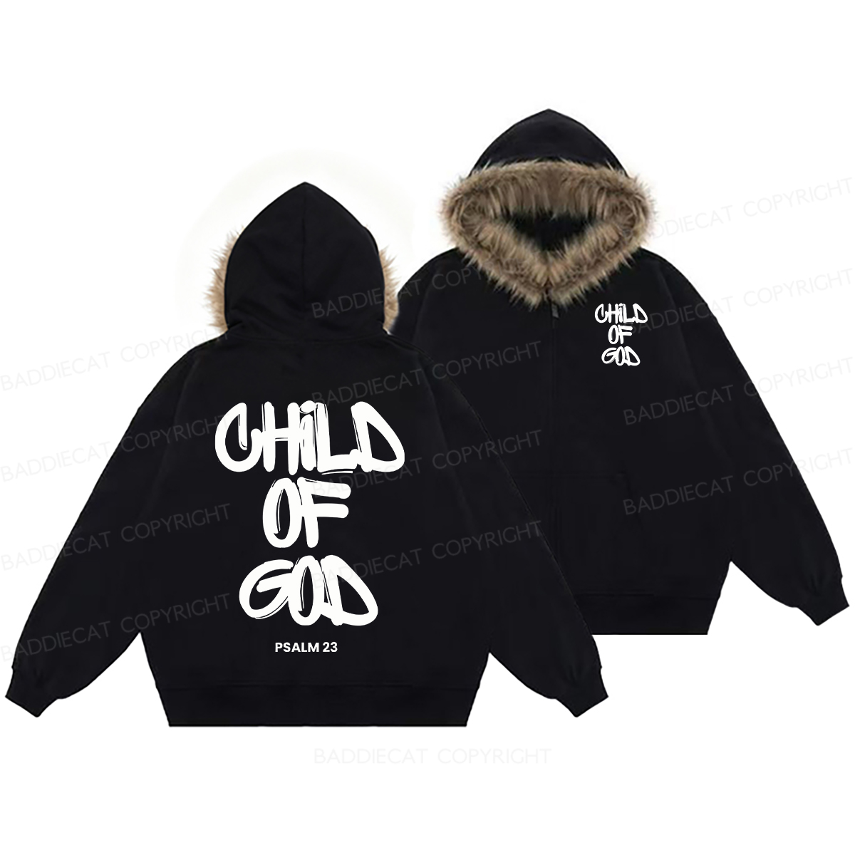 Baddiecat Child Of God Faux Fur Collar Fleece Jacket