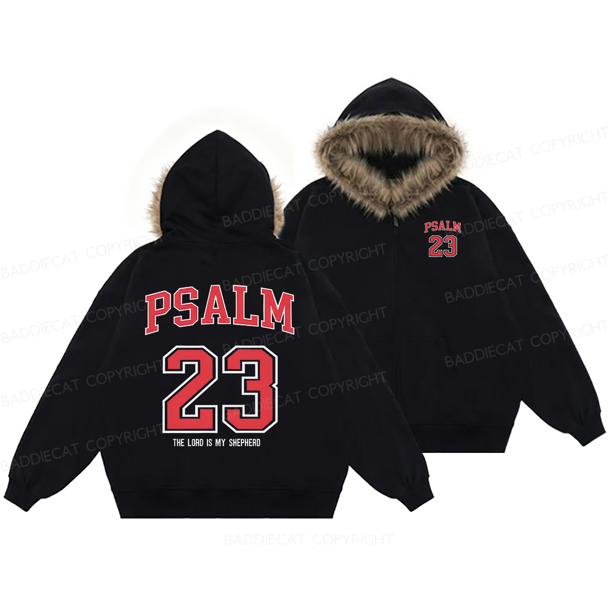 Baddiecat Psalm 23 Christian Faux Fur Collar Fleece Jacket