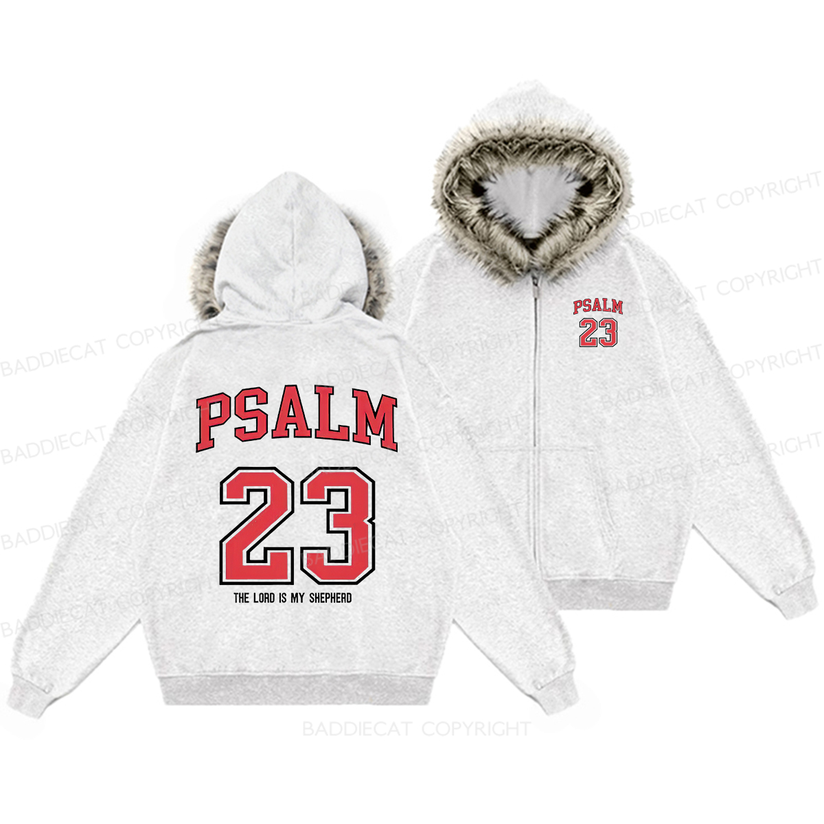 Baddiecat Psalm 23 Christian Faux Fur Collar Fleece Jacket