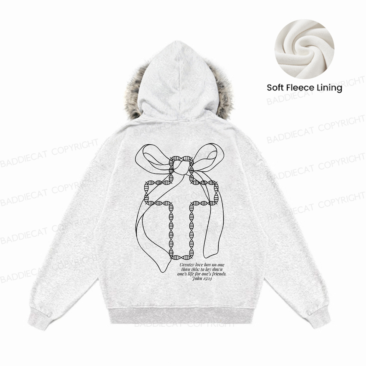 Baddiecat No Greater Love Christian Faux-fur–trimmed Hood Fleece Jacket