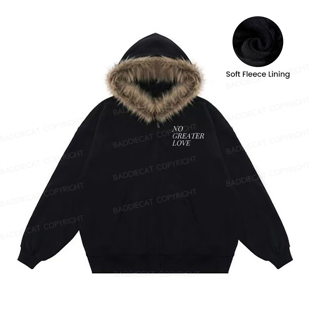 Baddiecat No Greater Love Christian Faux-fur–trimmed Hood Fleece Jacket