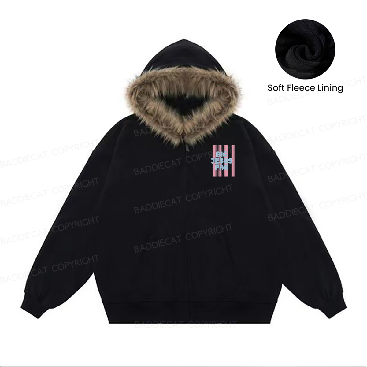 Baddiecat Big Jesus Fan Faux-fur–trimmed Hood Fleece Jacket