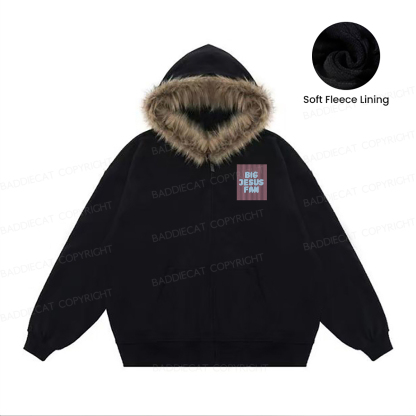 Baddiecat Big Jesus Fan Faux-fur–trimmed Hood Fleece Jacket