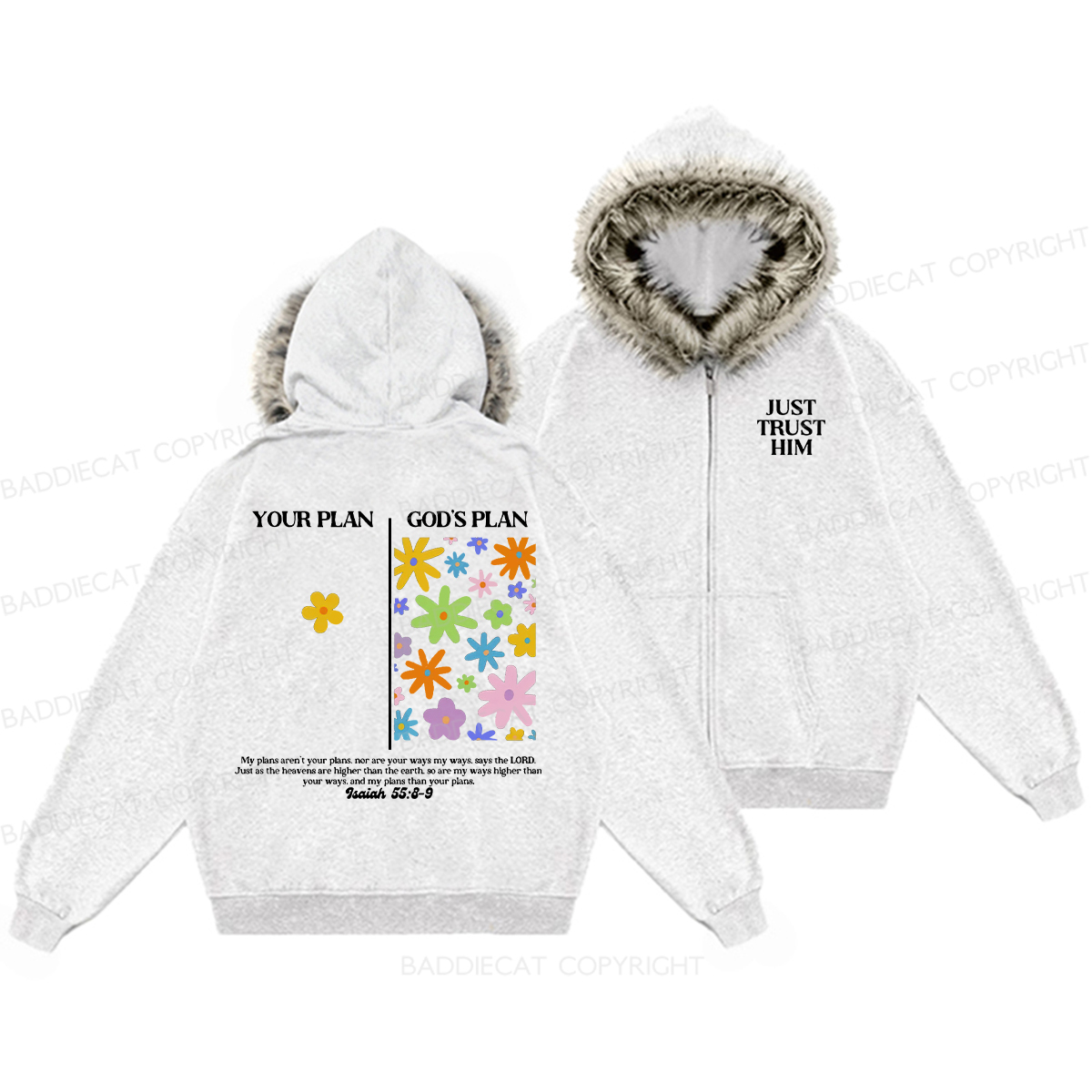 Baddiecat Your Plan And God's Plan Faux Fur Collar Fleece Jacket