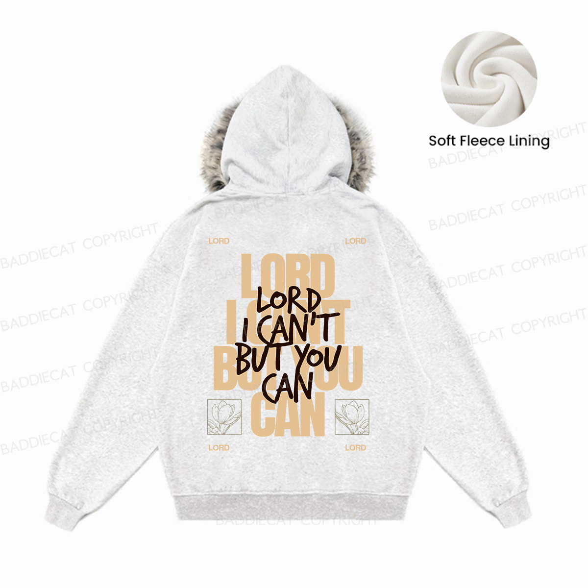 Baddiecat Lord I Can't But You Can Faux-fur–trimmed Hood Fleece Jacket