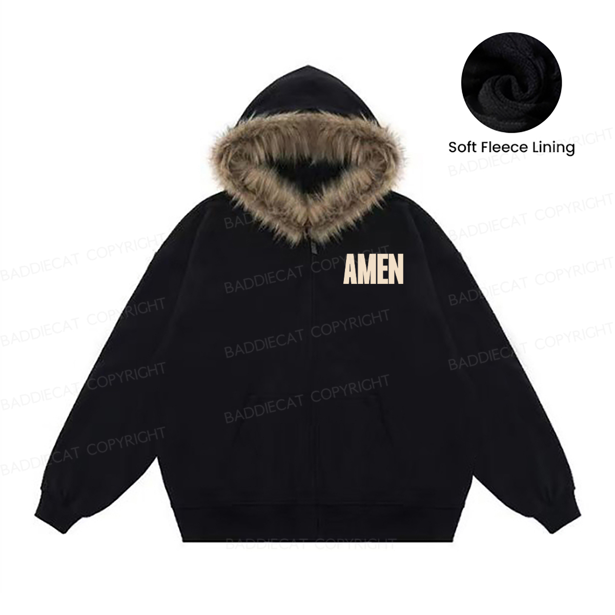 Baddiecat Lord I Can't But You Can Faux-fur–trimmed Hood Fleece Jacket