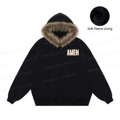 Baddiecat Lord I Can't But You Can Faux-fur–trimmed Hood Fleece Jacket