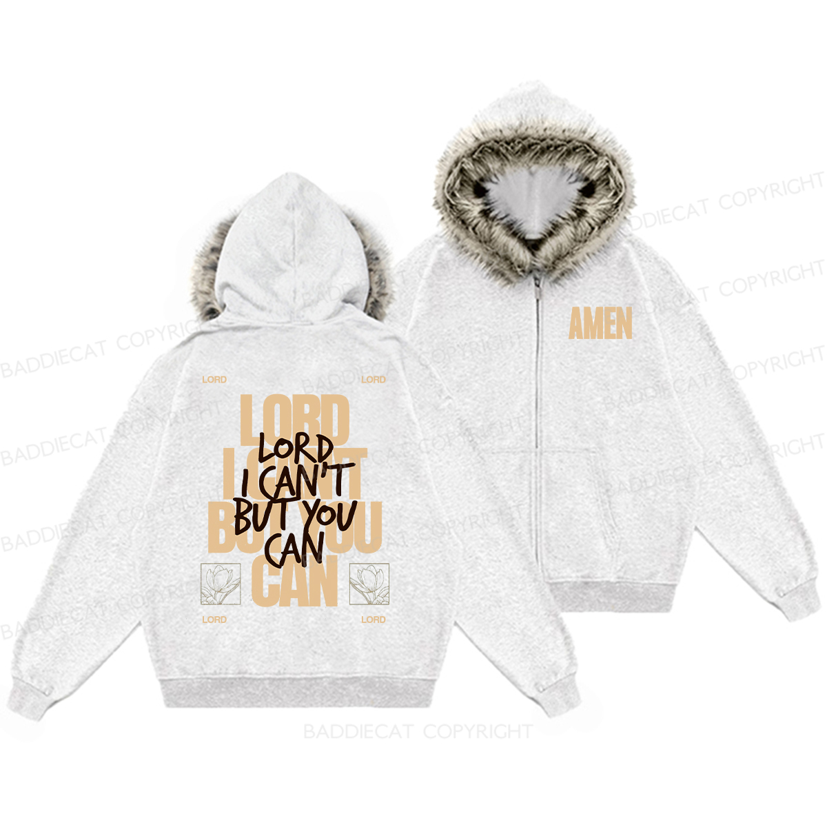 Baddiecat Lord I Can't But You Can Faux Fur Collar Fleece Jacket