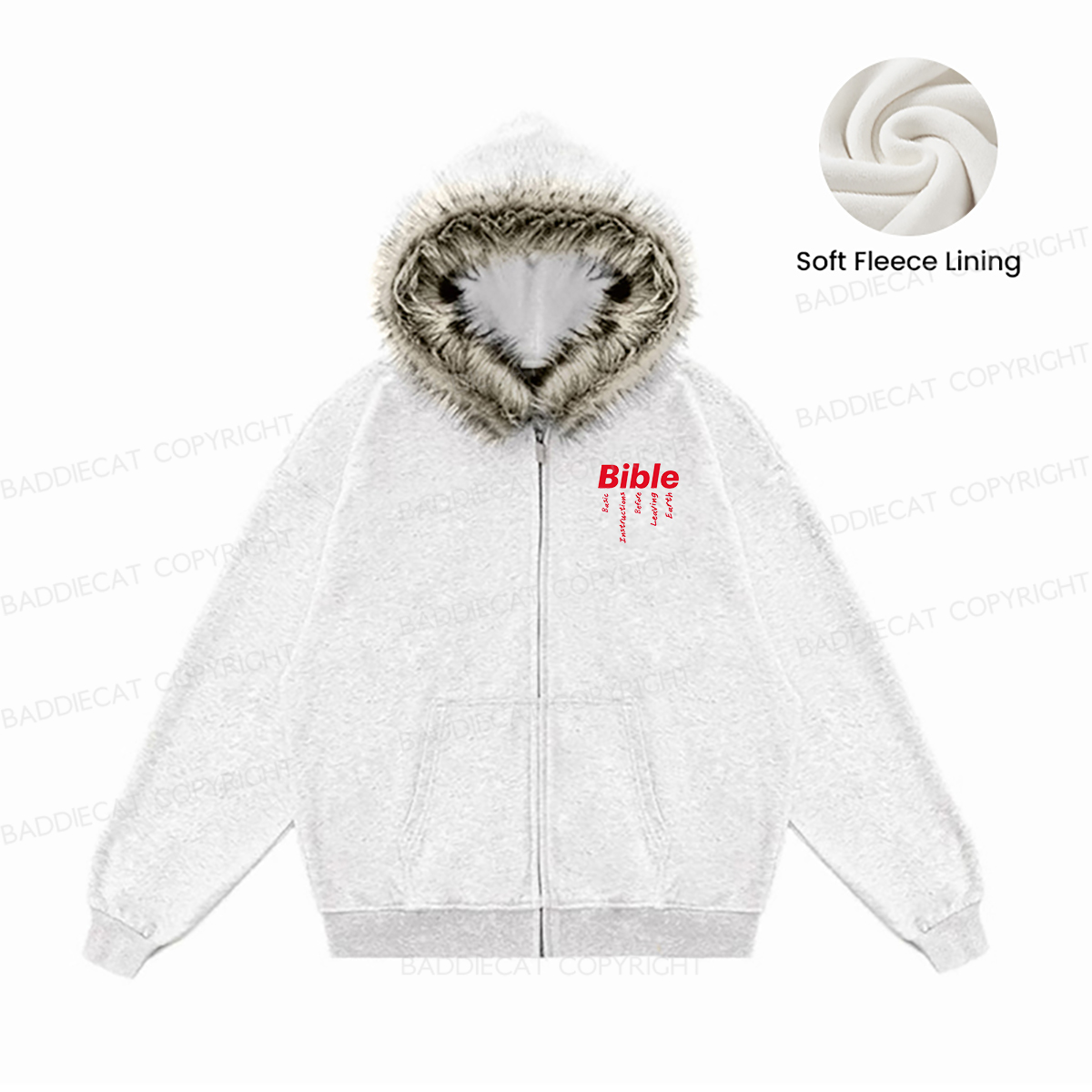Baddiecat Bible Basic Instructions Before Leaving Earth Faux-fur–trimmed Hood Fleece Jacket