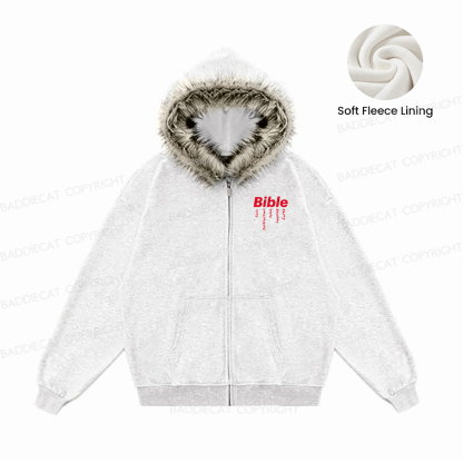 Baddiecat Bible Basic Instructions Before Leaving Earth Faux-fur–trimmed Hood Fleece Jacket