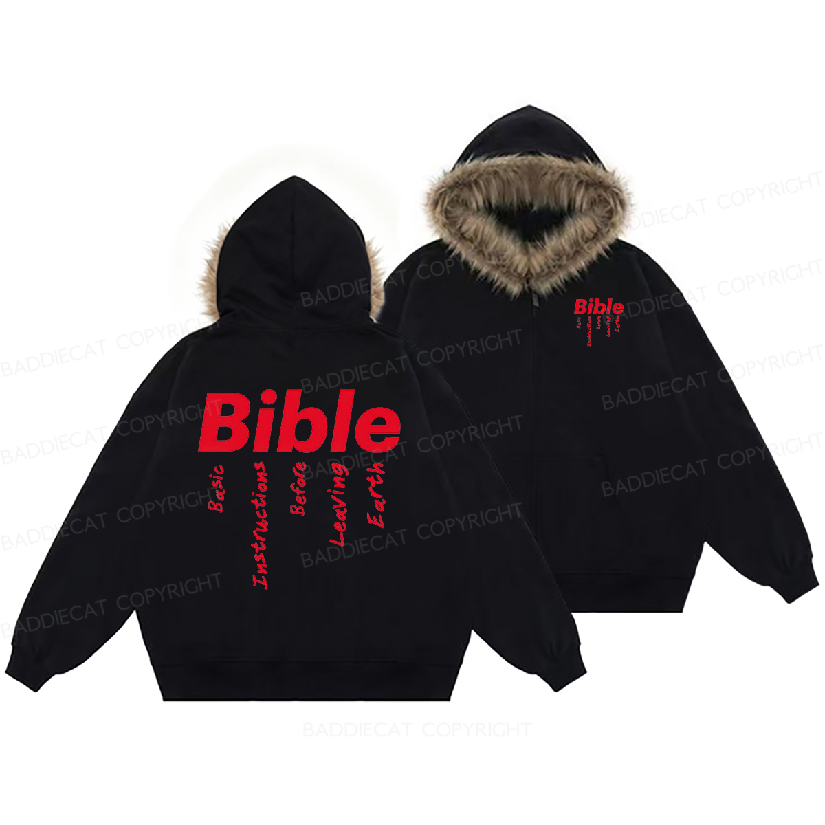 Baddiecat Bible Basic Instructions Before Leaving Earth Faux-fur–trimmed Hood Fleece Jacket