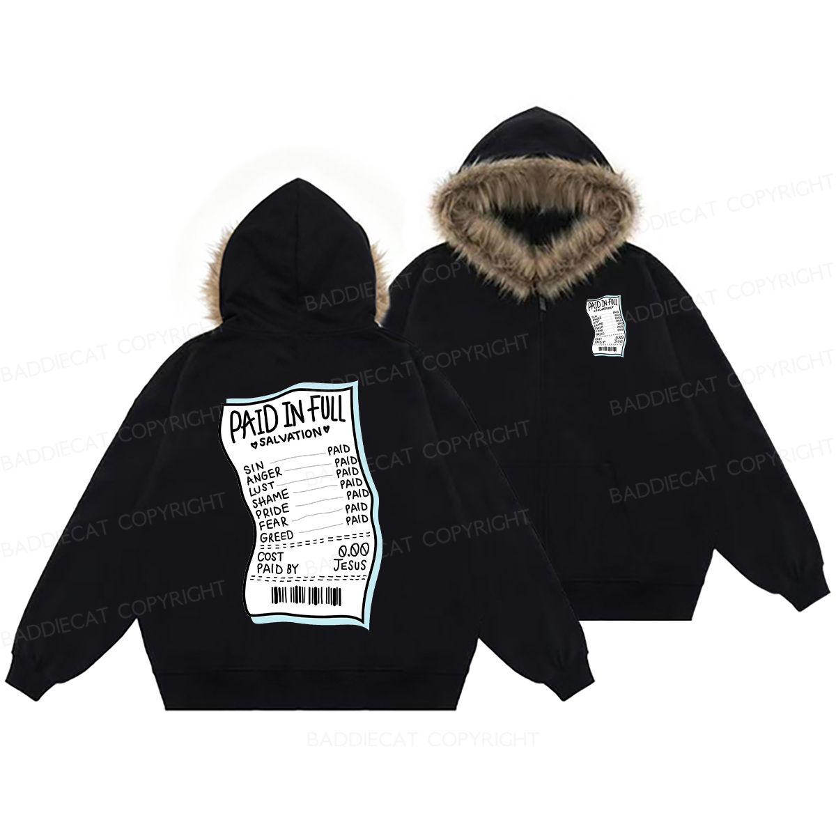 Baddiecat Paid In Full Salvation Faux Fur Collar Fleece Jacket