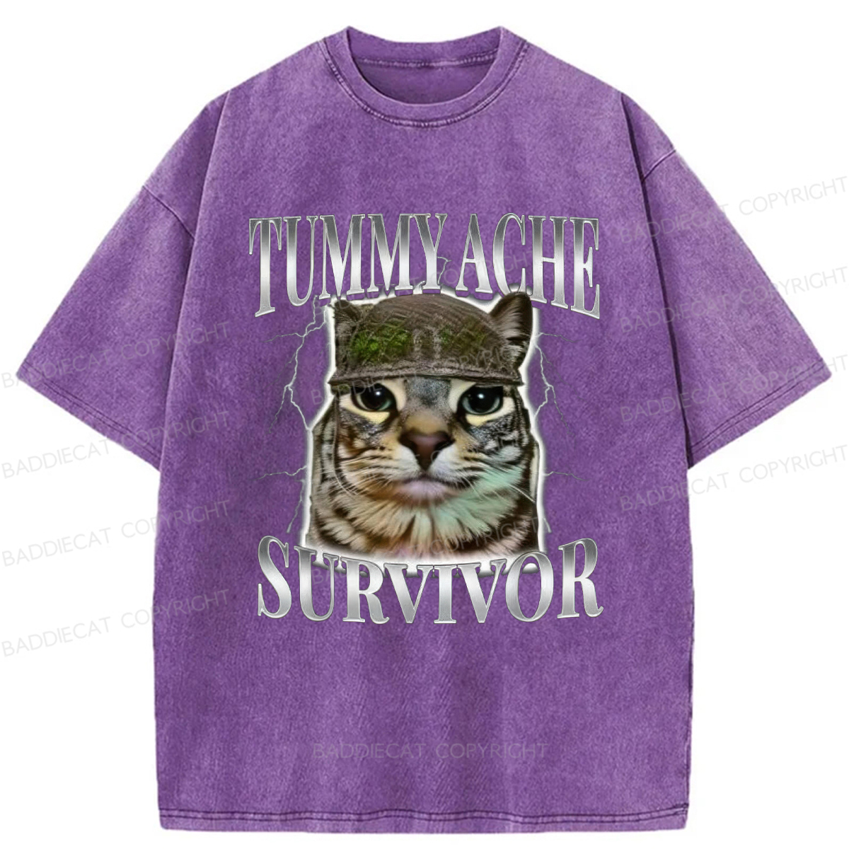Baddiecat Tummy Ache Survivor Cat Meme Washed T-shirt