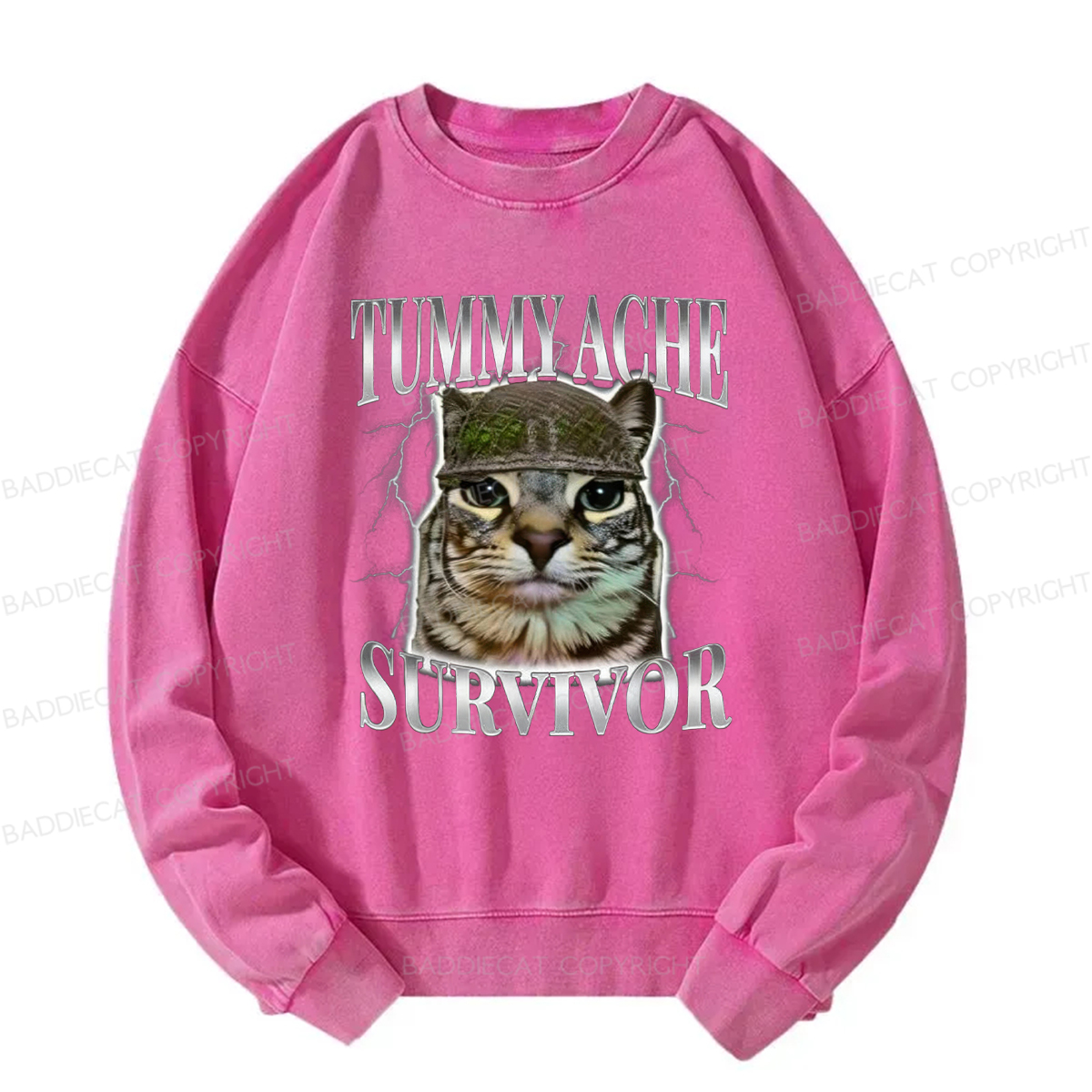 Baddiecat Tummy Ache Survivor Cat Meme Washed Sweatshirt