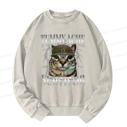 Baddiecat Tummy Ache Survivor Cat Meme Washed Sweatshirt