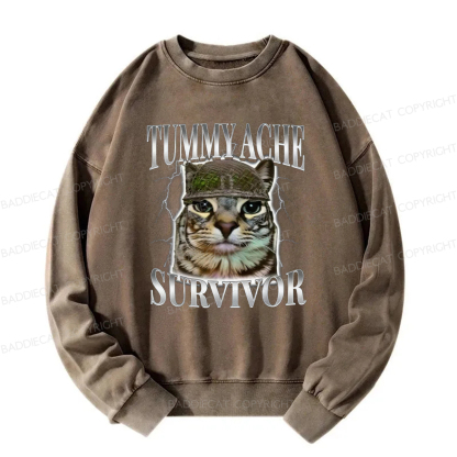 Baddiecat Tummy Ache Survivor Cat Meme Washed Sweatshirt