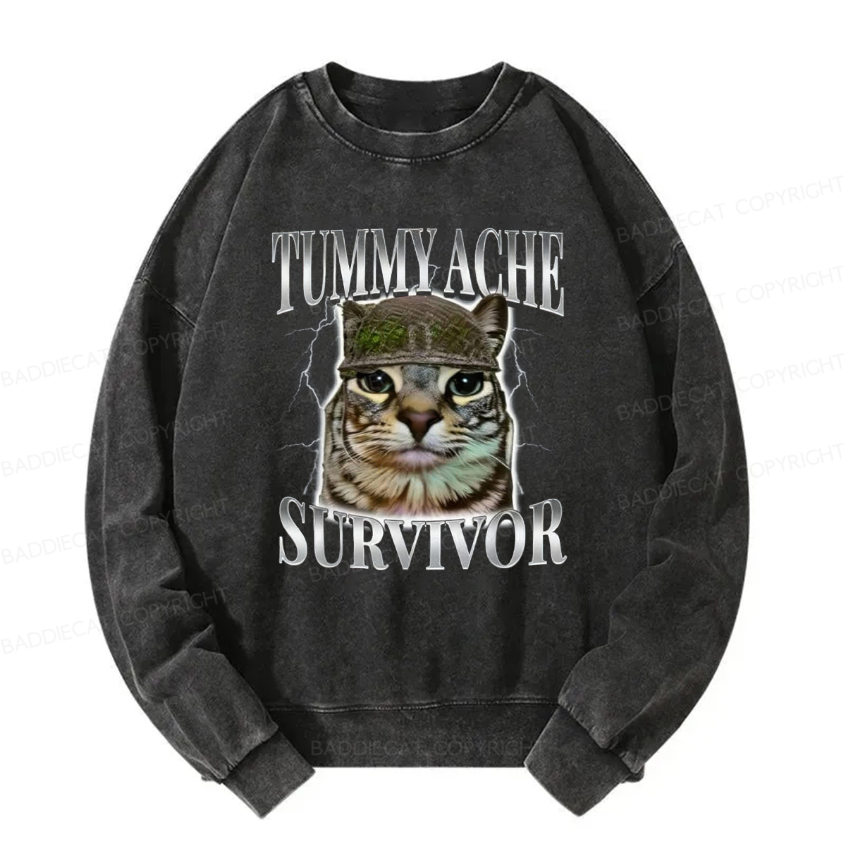 Baddiecat Tummy Ache Survivor Cat Meme Washed Sweatshirt