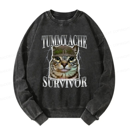 Baddiecat Tummy Ache Survivor Cat Meme Washed Sweatshirt