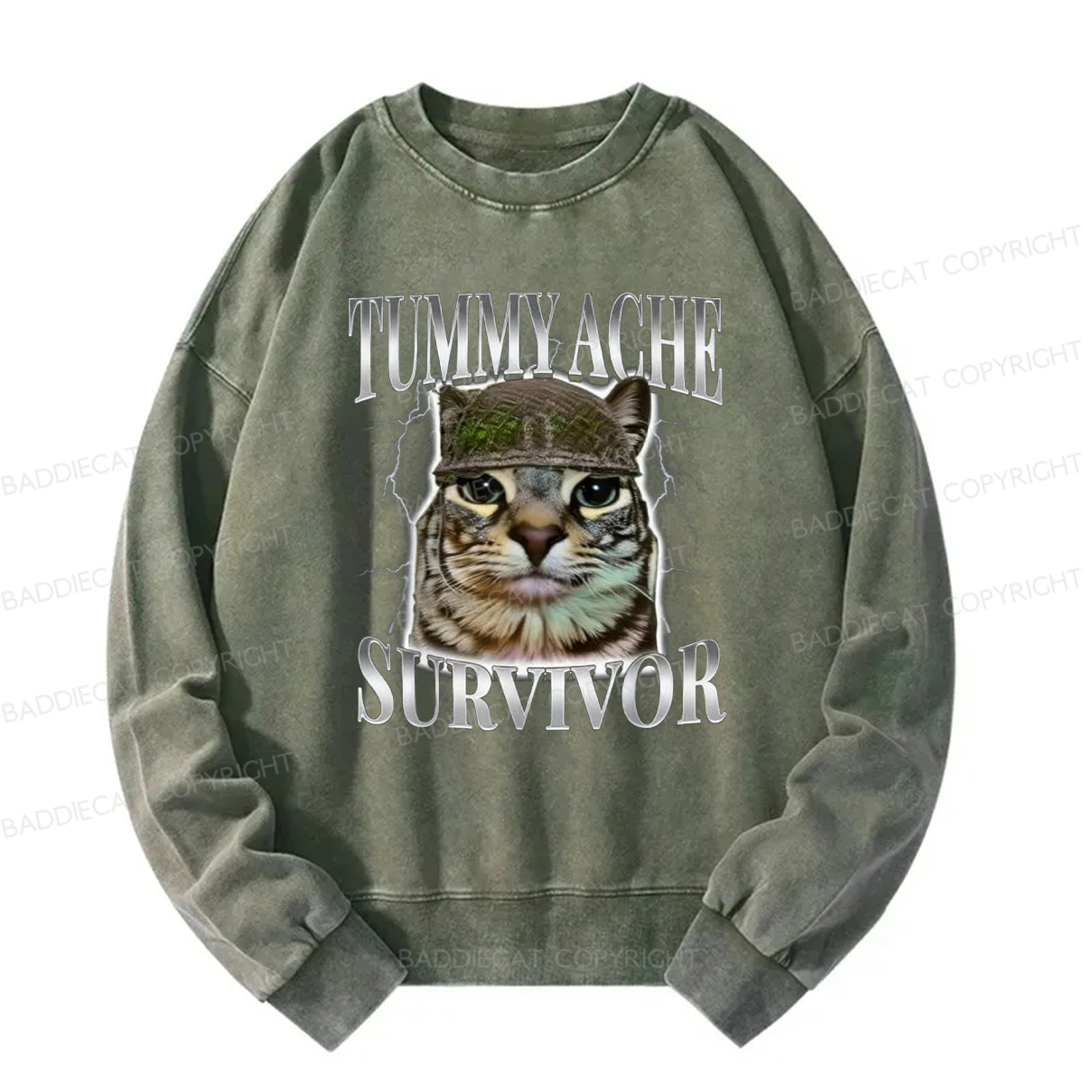 Baddiecat Tummy Ache Survivor Cat Meme Washed Sweatshirt