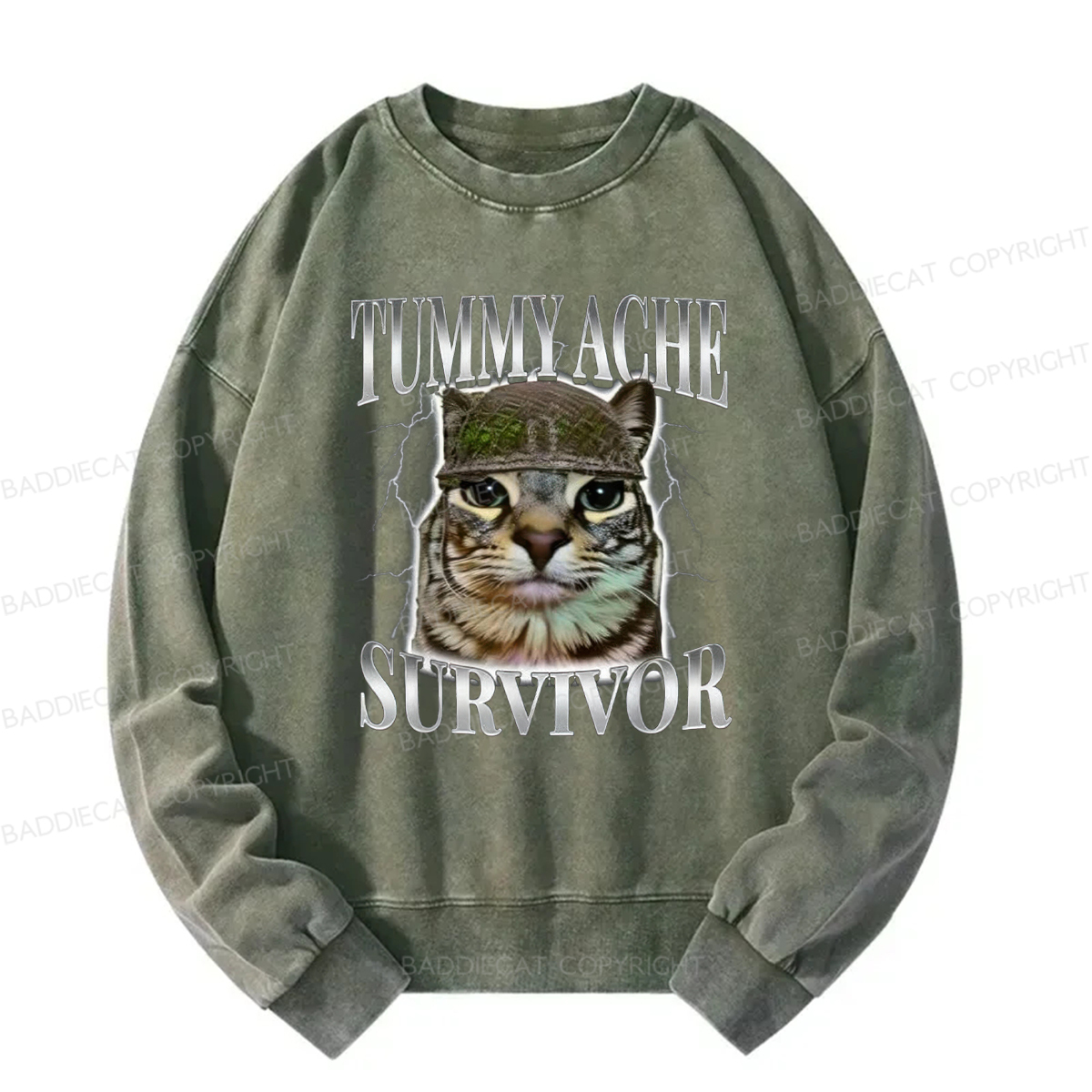 Baddiecat Tummy Ache Survivor Cat Meme Washed Sweatshirt