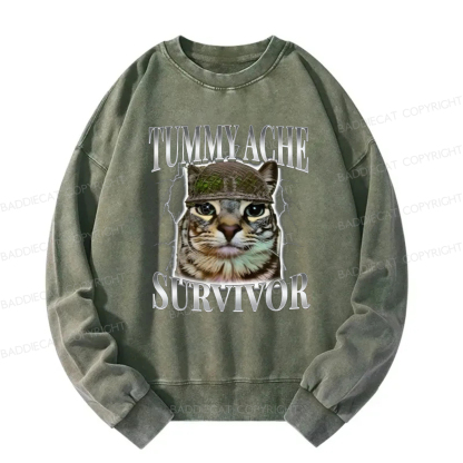 Baddiecat Tummy Ache Survivor Cat Meme Washed Sweatshirt