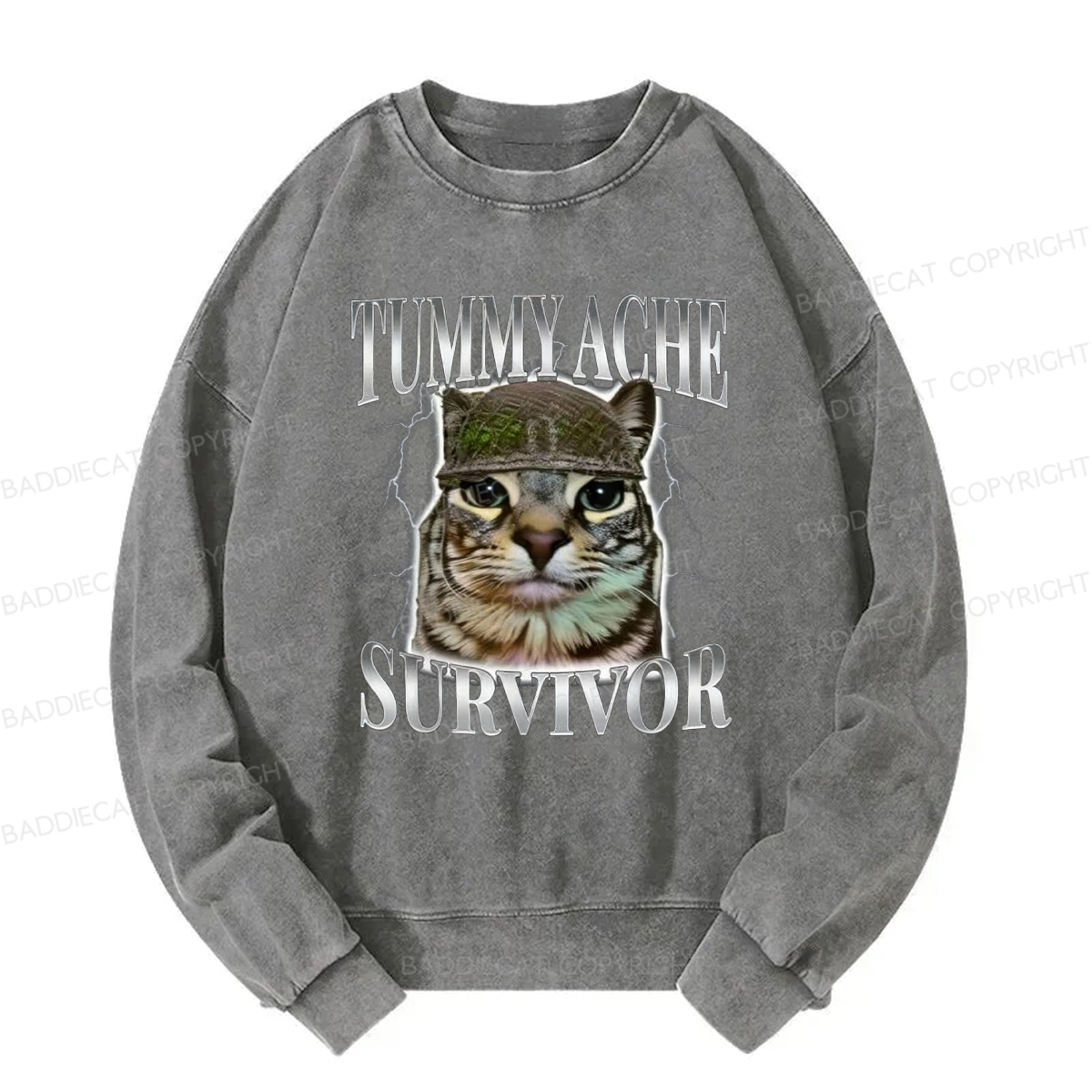 Baddiecat Tummy Ache Survivor Cat Meme Washed Sweatshirt