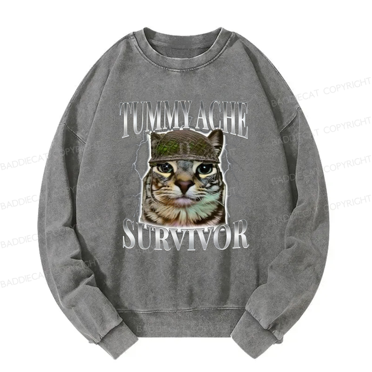 Baddiecat Tummy Ache Survivor Cat Meme Washed Sweatshirt