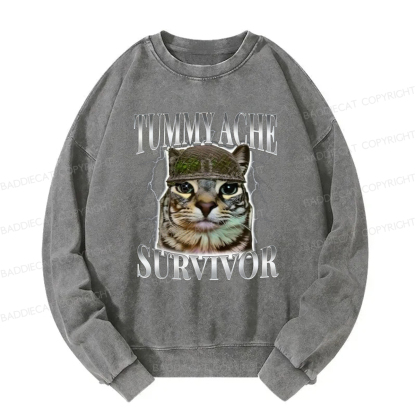 Baddiecat Tummy Ache Survivor Cat Meme Washed Sweatshirt