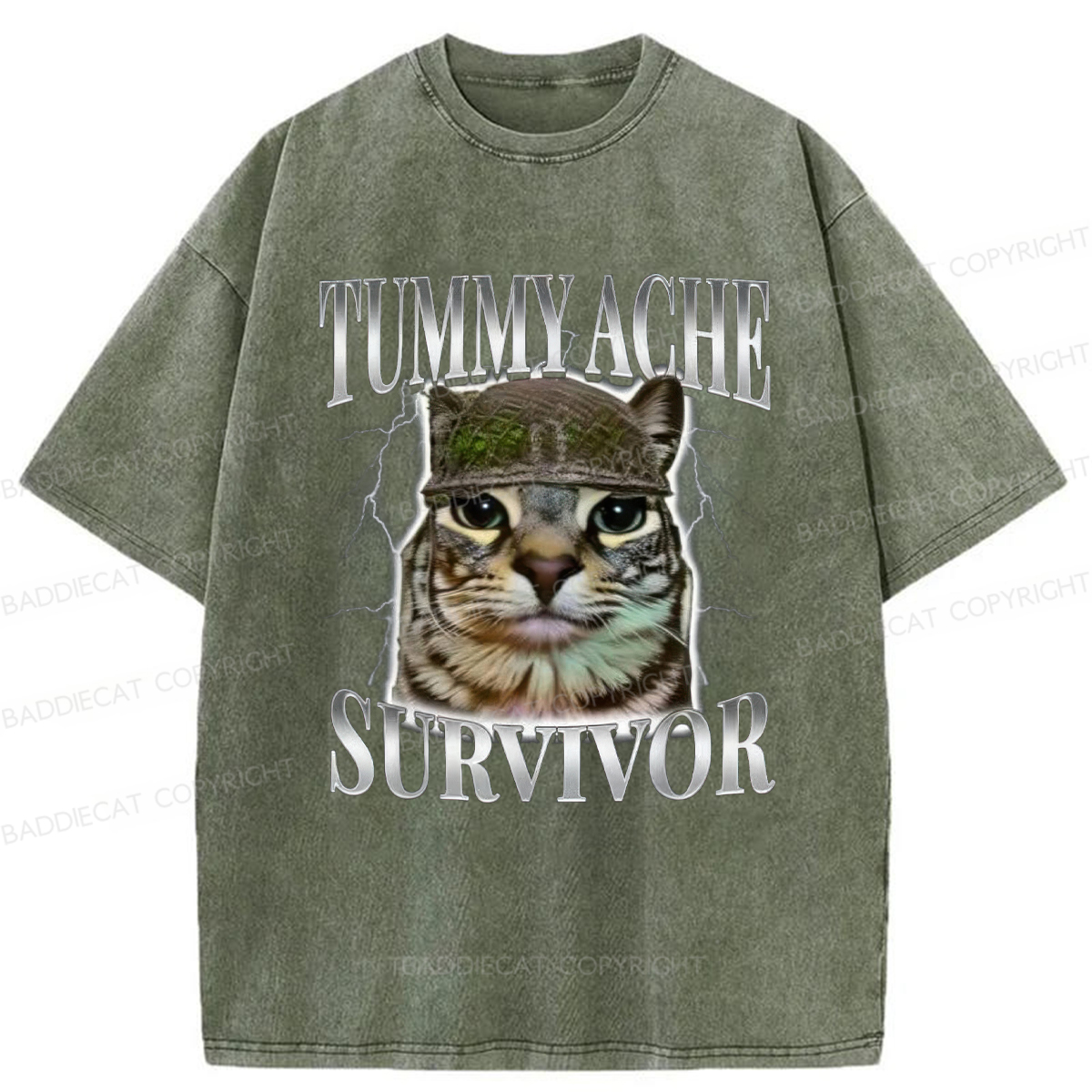 Baddiecat Tummy Ache Survivor Cat Meme Washed T-shirt