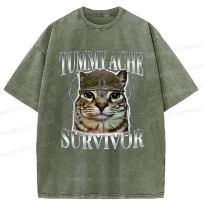 Baddiecat Tummy Ache Survivor Cat Meme Washed T-shirt