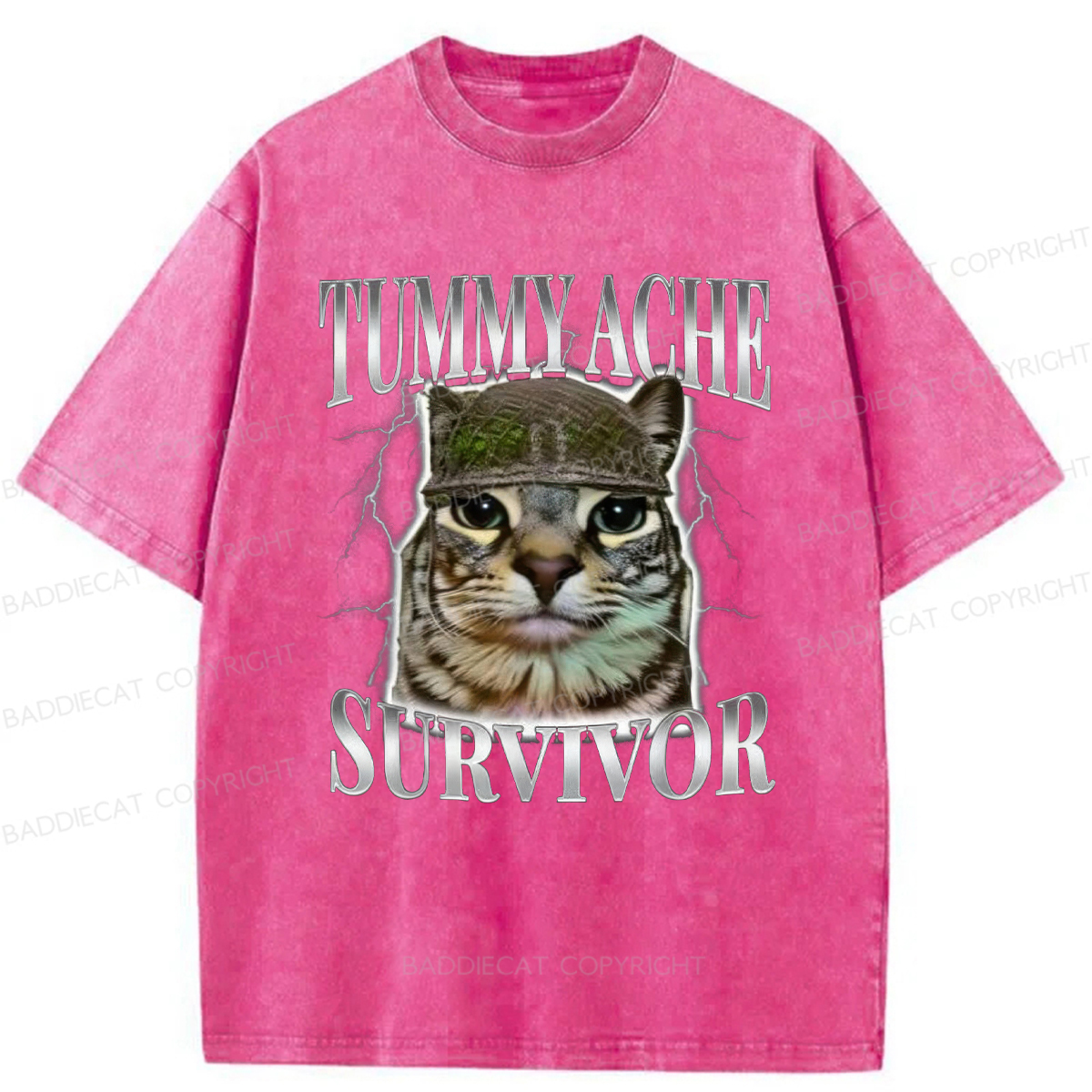 Baddiecat Tummy Ache Survivor Cat Meme Washed T-shirt