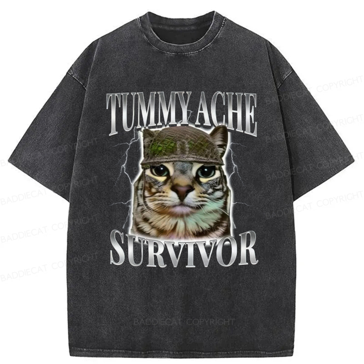 Baddiecat Tummy Ache Survivor Cat Meme Washed T-shirt