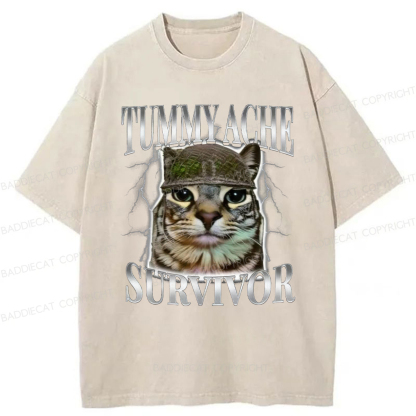 Baddiecat Tummy Ache Survivor Cat Meme Washed T-shirt