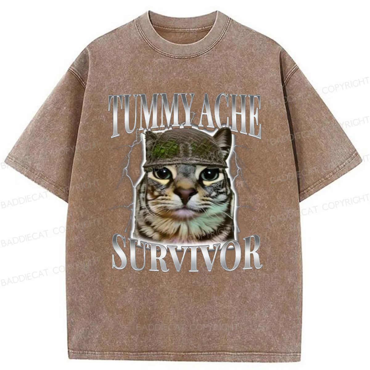 Baddiecat Tummy Ache Survivor Cat Meme Washed T-shirt
