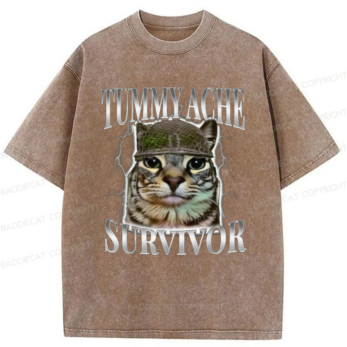 Baddiecat Tummy Ache Survivor Cat Meme Washed T-shirt