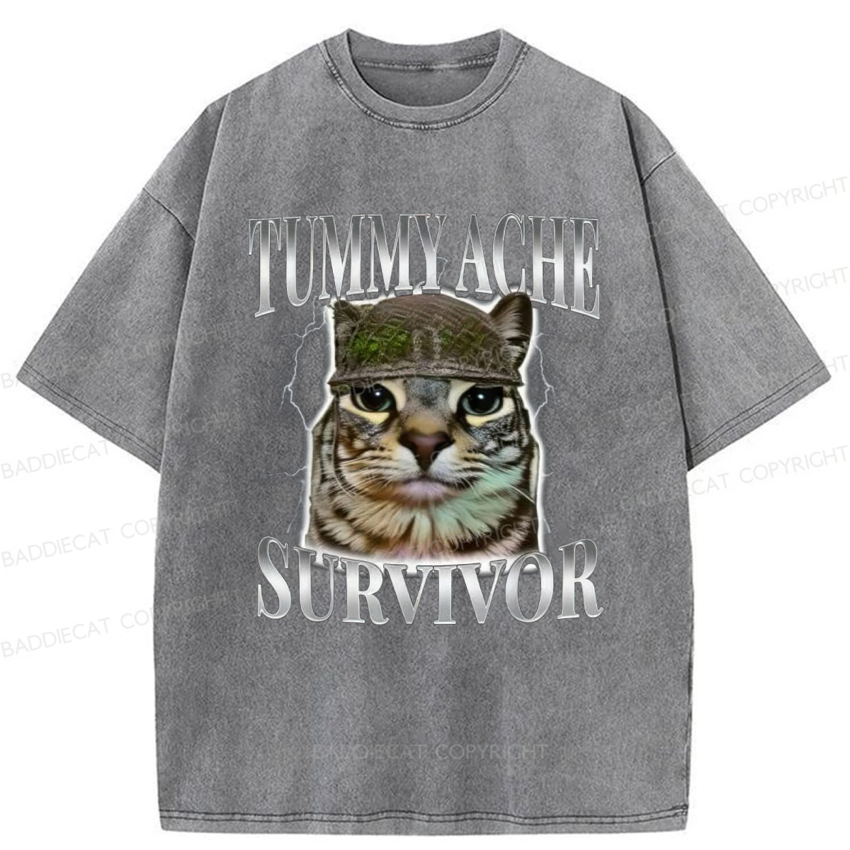 Baddiecat Tummy Ache Survivor Cat Meme Washed T-shirt