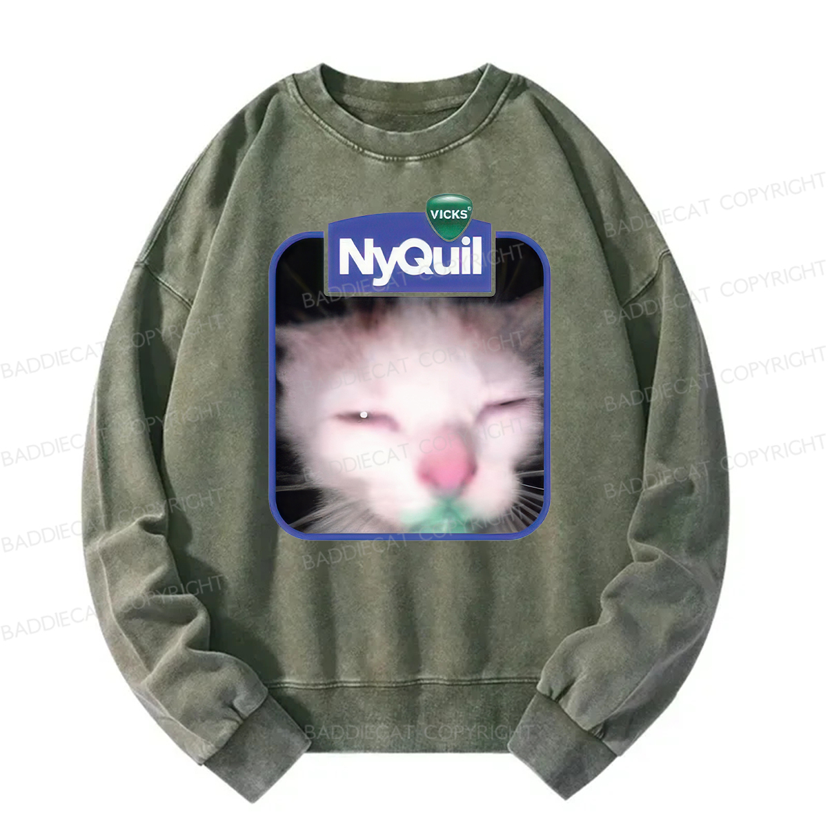 Baddiecat NyQuil Cat Meme Washed Sweatshirt