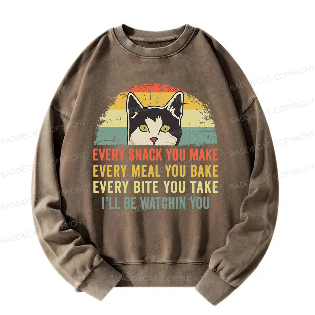 Baddiecat I'll Be Watching You Funny Cat Meme Washed Sweatshirt