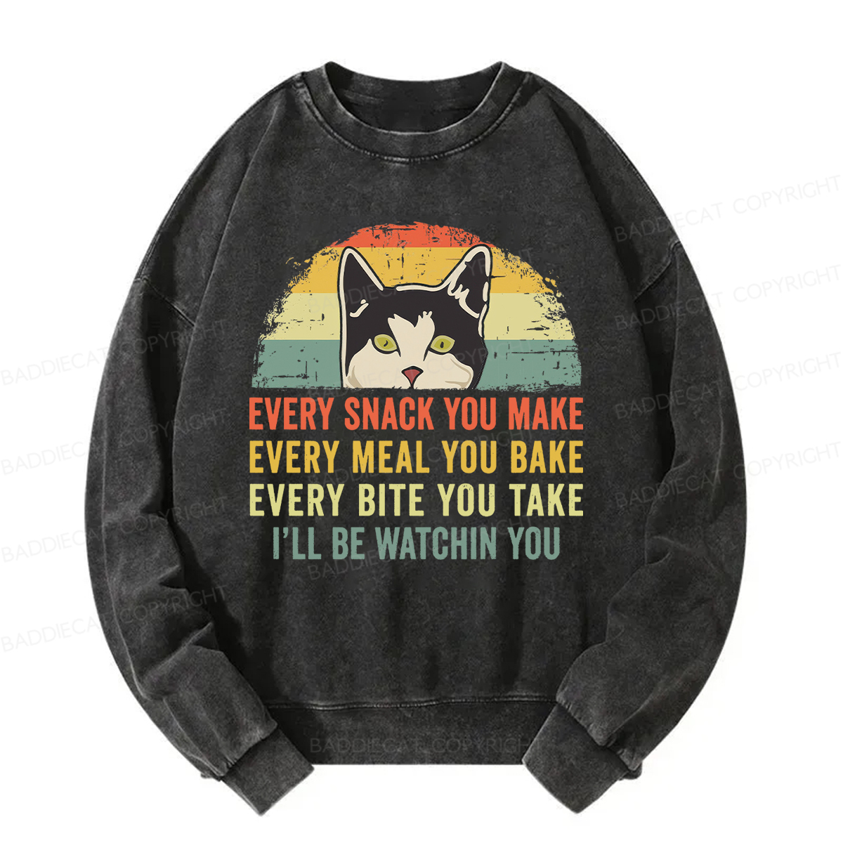 Baddiecat I'll Be Watching You Funny Cat Meme Washed Sweatshirt