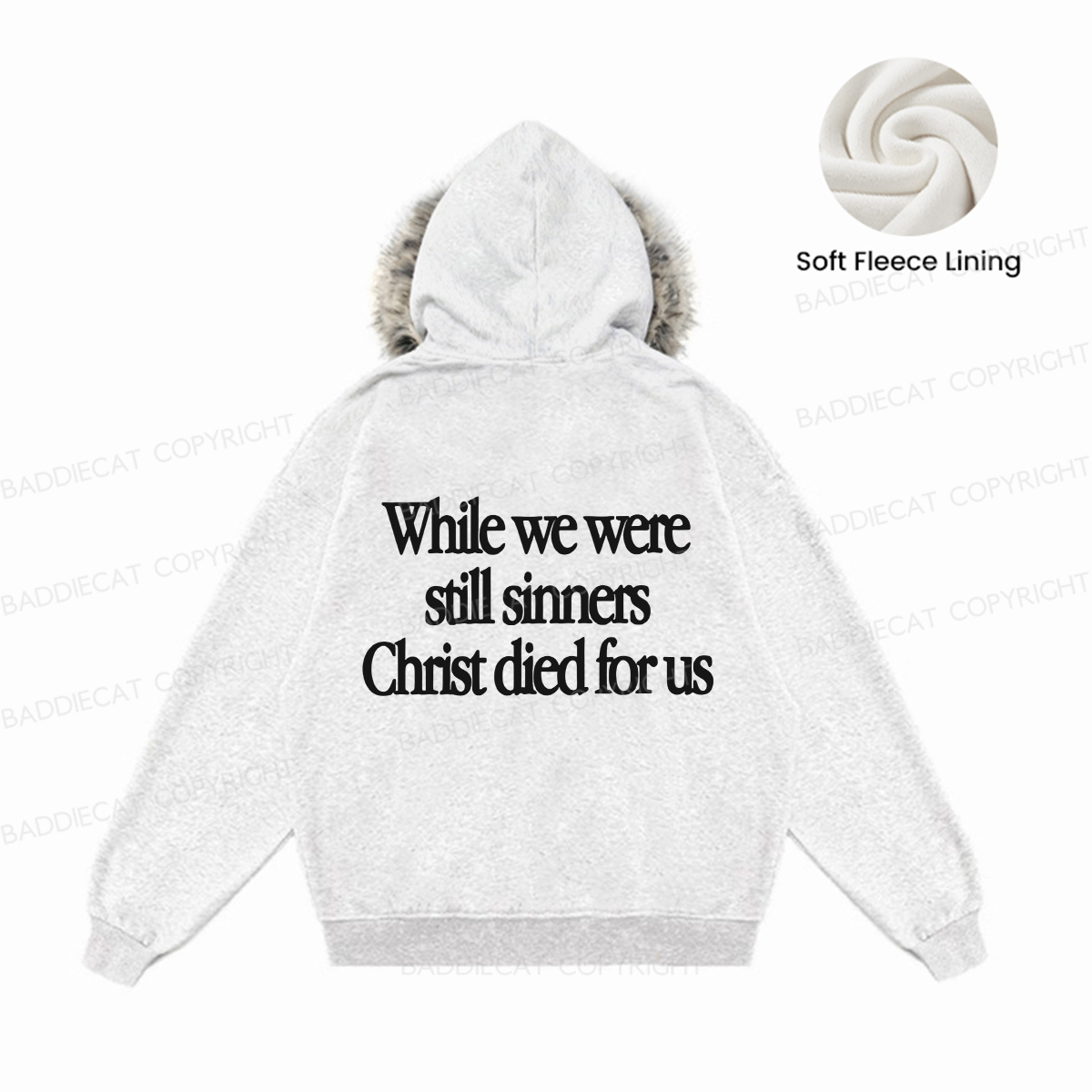Baddiecat Good News While We Were Still Sinners Christ Died For Us Faux-fur–trimmed Hood Fleece Jacket