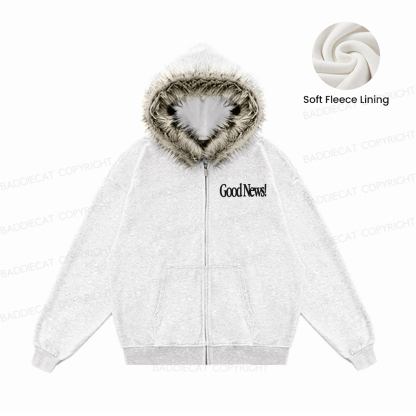 Baddiecat Good News While We Were Still Sinners Christ Died For Us Faux-fur–trimmed Hood Fleece Jacket