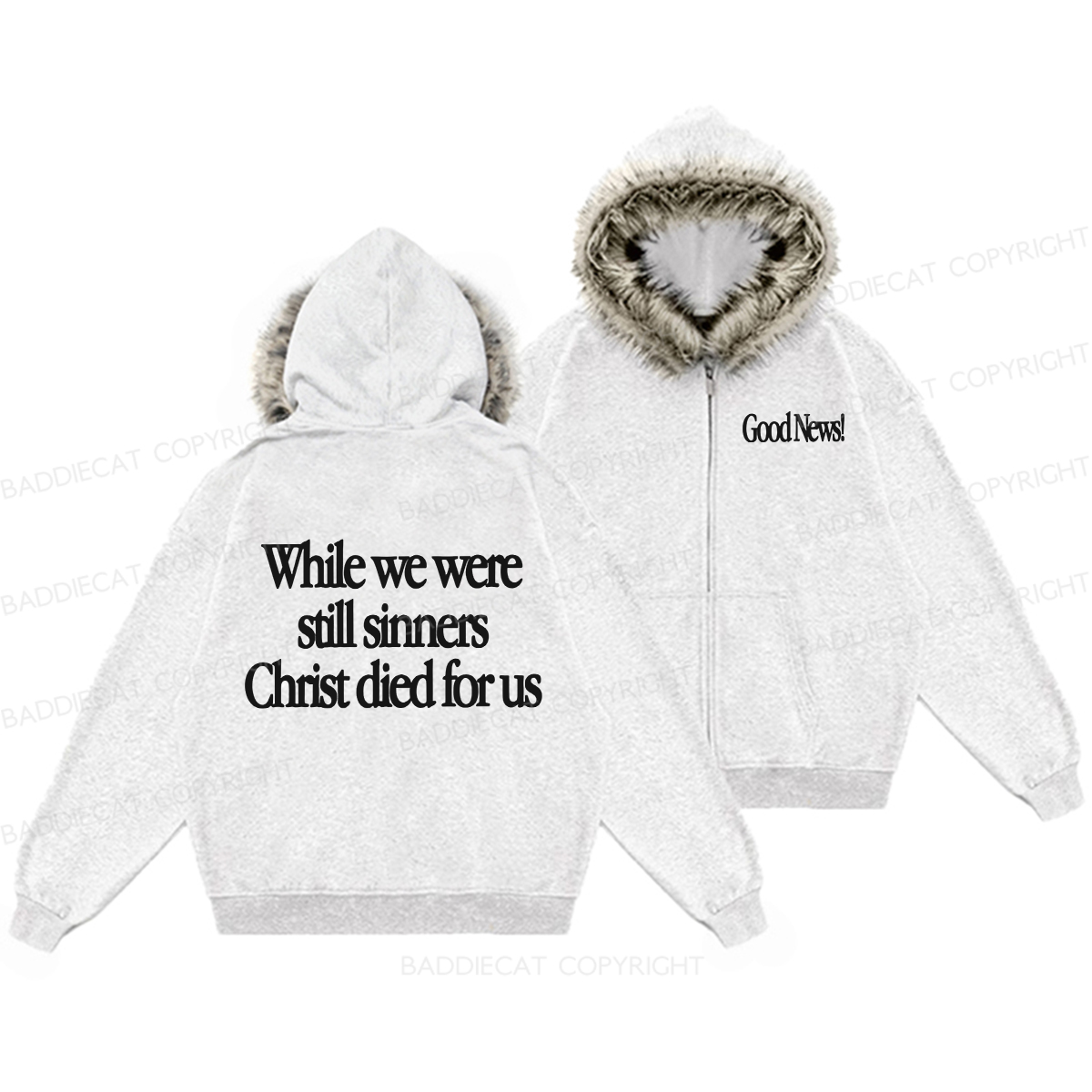 Baddiecat Good News While We Were Still Sinners Christ Died For Us Faux-fur–trimmed Hood Fleece Jacket