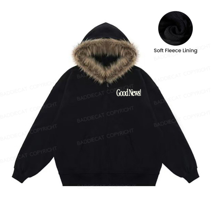 Baddiecat Good News While We Were Still Sinners Christ Died For Us Faux-fur–trimmed Hood Fleece Jacket