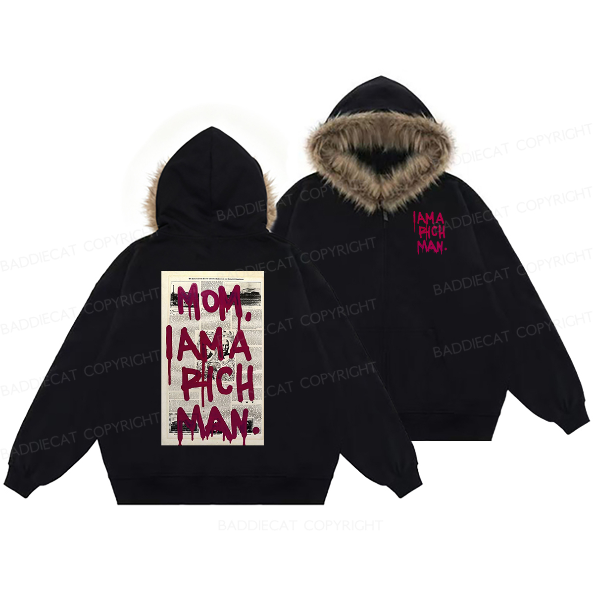 Baddiecat Mom I Am A Rich Man Faux-fur–trimmed Hood Fleece Jacket