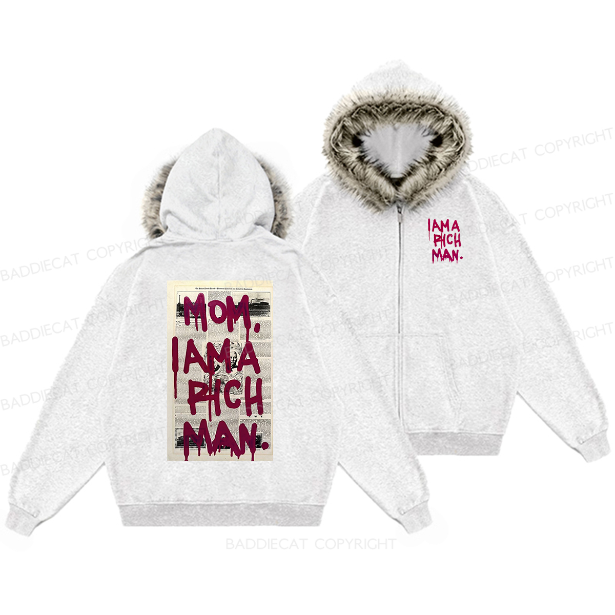 Baddiecat Mom I Am A Rich Man Faux-fur–trimmed Hood Fleece Jacket