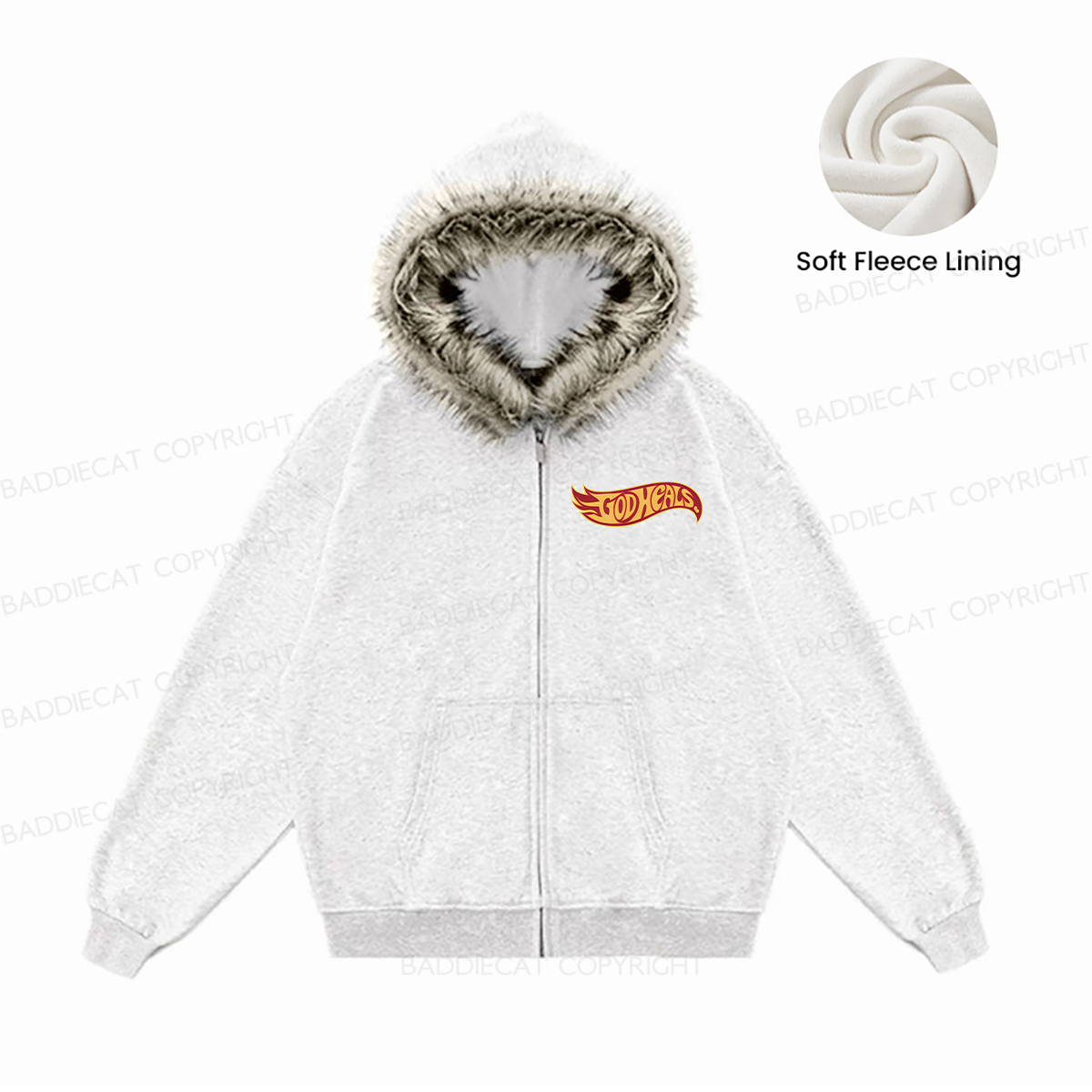 Baddiecat GOD HEALS Faux-fur–trimmed Hood Fleece Jacket