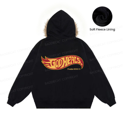Baddiecat GOD HEALS Faux-fur–trimmed Hood Fleece Jacket