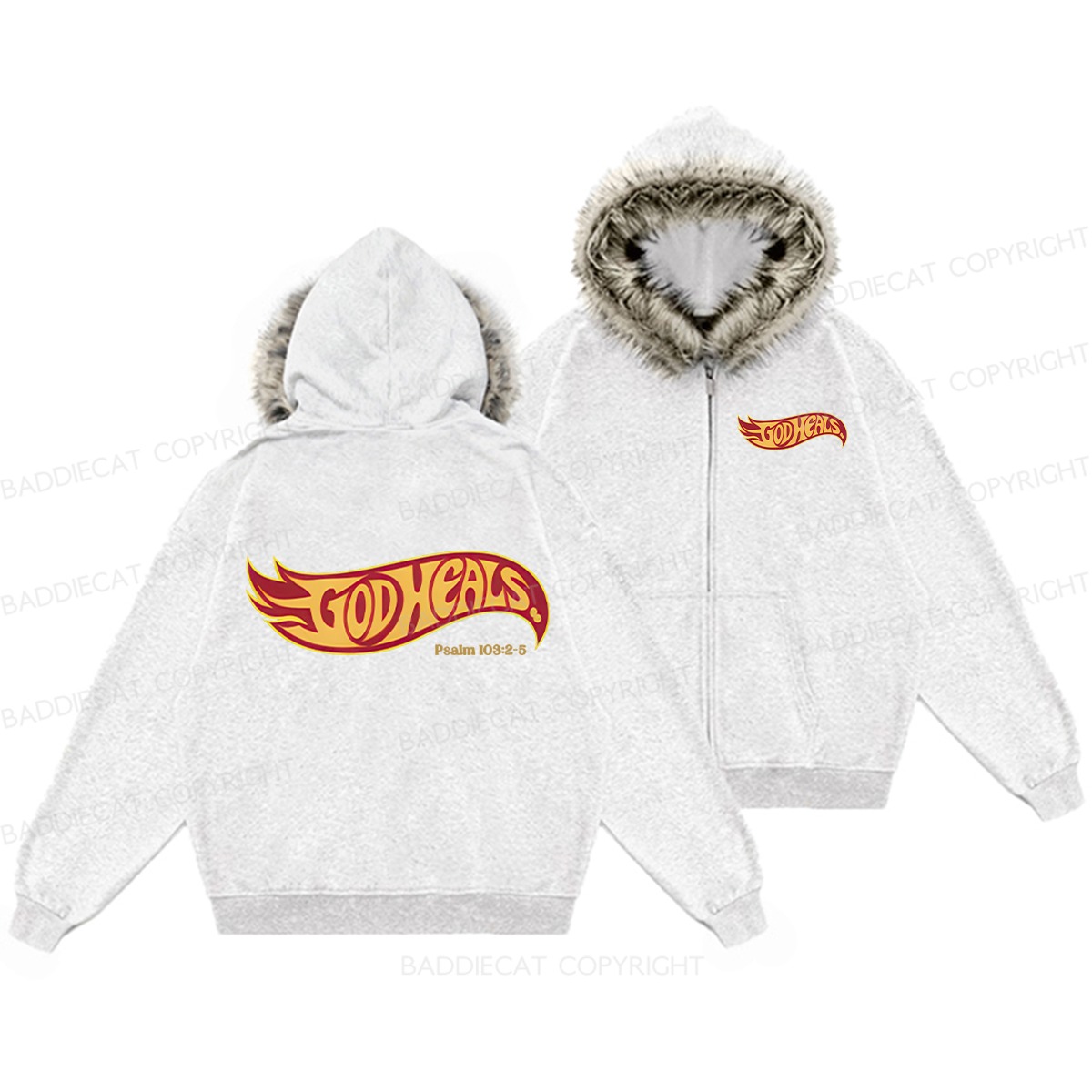 Baddiecat GOD HEALS Faux-fur–trimmed Hood Fleece Jacket