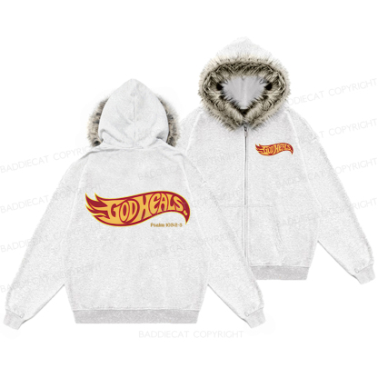 Baddiecat GOD HEALS Faux-fur–trimmed Hood Fleece Jacket